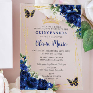 Invitations En Acrylique Fleurs bleues royales Floral Quinceañera Papillons