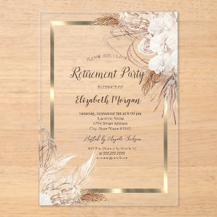 Invitations En Acrylique Fleurs Boho Herbe de Pampas Cadre Doré Retraite