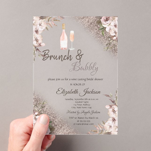 Invitations En Acrylique Fleurs Boho Rose Gold Pailletées Brunch & Bubbly  (In situ (ordinateur de poche))