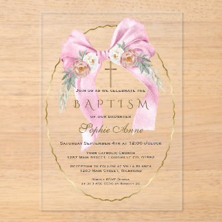 Invitations En Acrylique Fleurs Boho Ruban Rose Fille Baptême Transparent