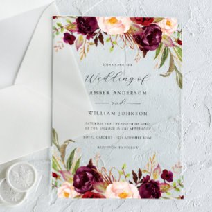 Invitations En Acrylique Fleurs Bourgogne Blush Bloom Mariage  