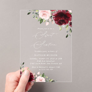 Invitations En Acrylique Fleurs Bourgogne, Fleurs roses, Boho, Sweet 16