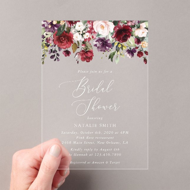 Invitations En Acrylique Fleurs Bourgognes, Fleurs Roses, Fête des mariées  (In situ (ordinateur de poche))