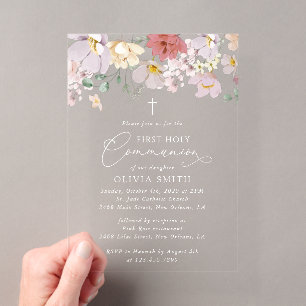 Invitations En Acrylique Fleurs Colorées, Fleurs Sauvages, Première Communi