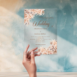Invitations En Acrylique Fleurs crème beige clair mariage