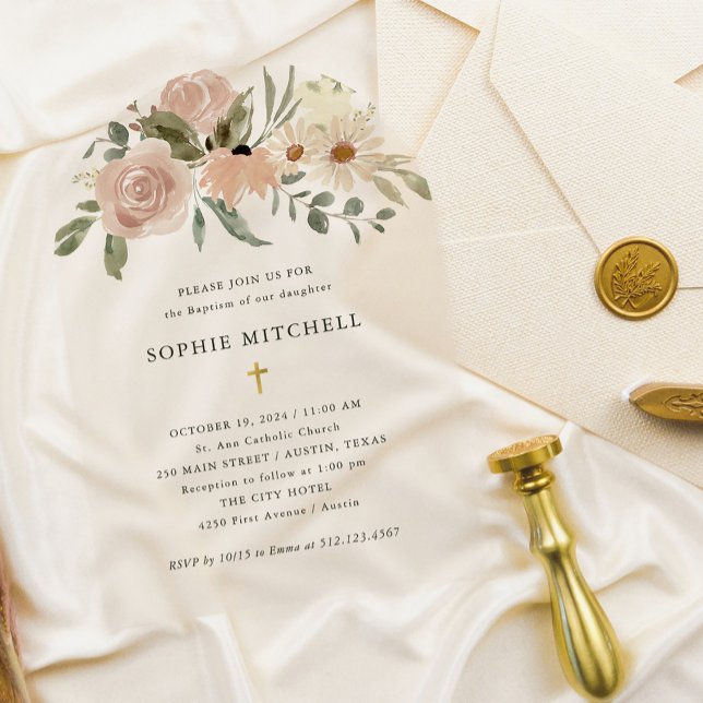 Invitations En Acrylique Fleurs d'aquarelle neutres Boho simples | Baptême (Créateur téléchargé)