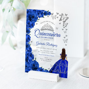 Invitations En Acrylique Fleurs d'aquarelle Roses Bleu Royal Quinceanera