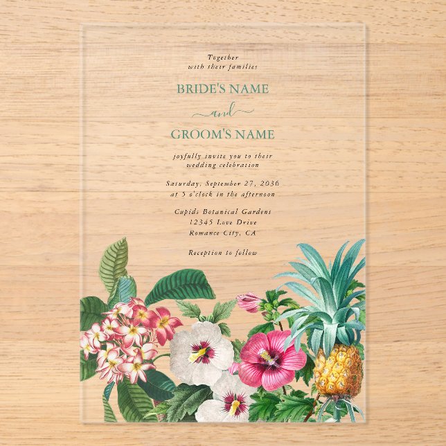 Invitations En Acrylique Fleurs d'aquarelle tropicale et Mariage de verdure (Recto)