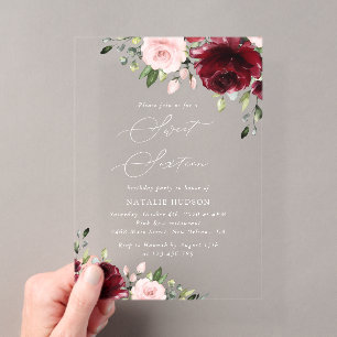 Invitations En Acrylique Fleurs de Bourgogne, Fleurs Roses, Bohème, Sweet 1