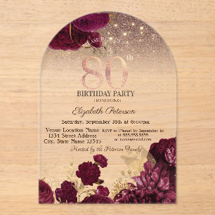 Invitations En Acrylique Fleurs de Bourgogne Paillettes Rose Or 80e Anniver