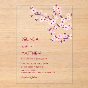 Invitations En Acrylique Fleurs de cerisier rose clair mariage casual éléga