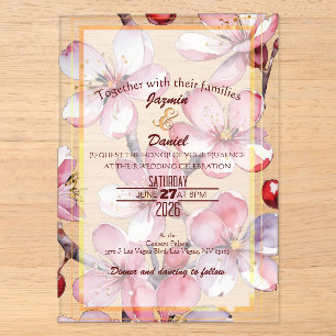 Invitations En Acrylique Fleurs de Cerisier Rose Lavande Aquarelle Boîte Cl