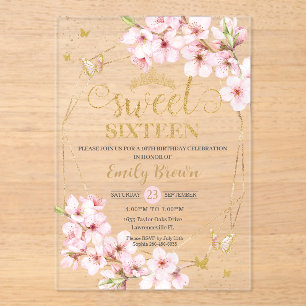 Invitations En Acrylique Fleurs de cerisier roses Sweet 16 Seize ans annive