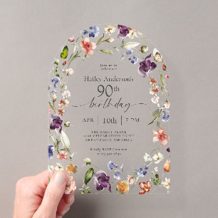 Invitations En Acrylique Fleurs de jardin Script botanique 90e anniversaire