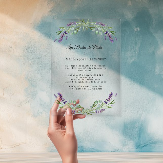 Invitations En Acrylique Fleurs de lavande espagnol 25e anniversaire mariag (Créateur téléchargé)