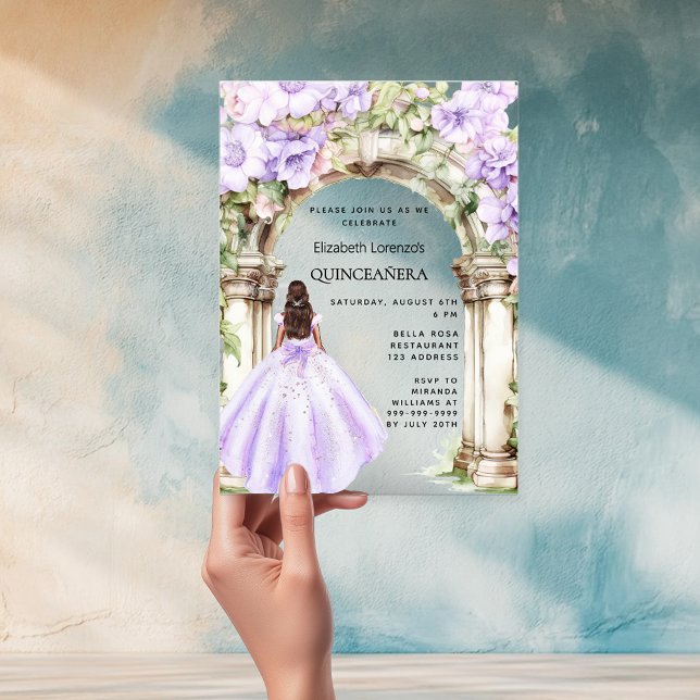 Invitations En Acrylique Fleurs de lavande robe arche claire Quinceanera (Créateur téléchargé)