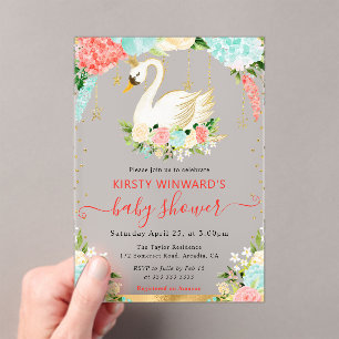 Invitations En Acrylique Fleurs de pêche et de menthe à l'aquarelle Baby Sh