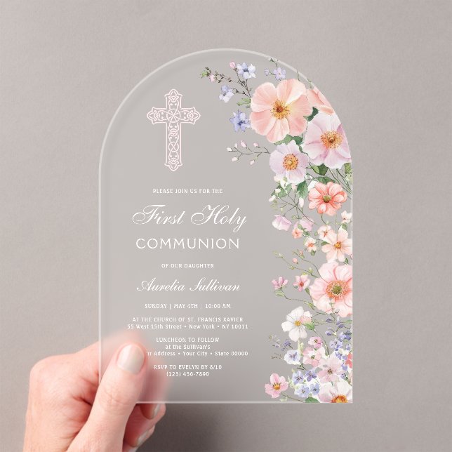 Invitations En Acrylique Fleurs de pré pastel en arche pour première commun (In situ (ordinateur de poche))