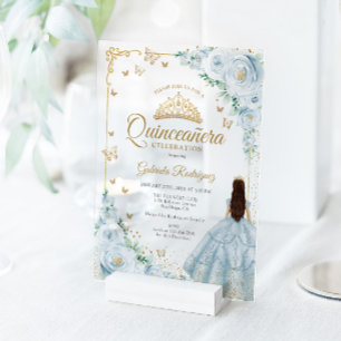 Invitations En Acrylique Fleurs de Quinceanera aquarelle bleu bébé or