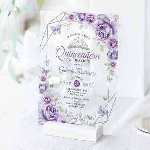Invitations En Acrylique Fleurs de Quinceanera lilas violet argent