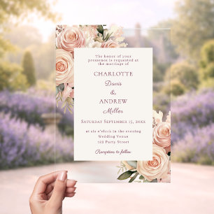 Invitations En Acrylique Fleurs de rose poussiéreuse ivoire luxe mariage