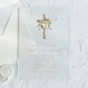 Invitations En Acrylique Fleurs de verdure croix de rose d'ivoire or rose b