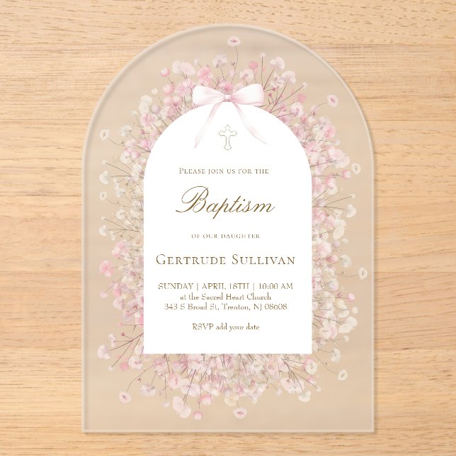 Invitations En Acrylique fleurs d'haleine rose blanche pour bébé Baptême (Recto)
