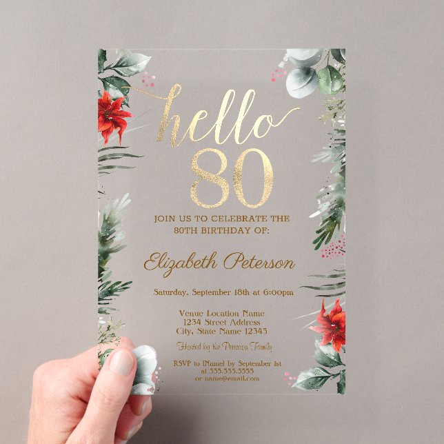 Invitations En Acrylique Fleurs d'hiver Poinsettia 80e anniversaire (In situ (ordinateur de poche))