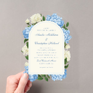 Invitations En Acrylique Fleurs d'hortensia bleues et roses blanches pour u