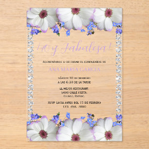Invitations En Acrylique Fleurs & Diamants 40e Anniversaire Espagnol