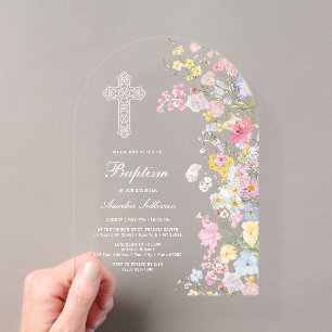 Invitations En Acrylique Fleurs Élégantes de Prairie Arche de Baptême