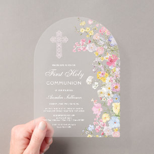 Invitations En Acrylique Fleurs élégantes de prairie Arche Première Communi