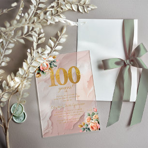 Invitations En Acrylique Fleurs Élégantes Or Rose Pêche 100e Anniversaire