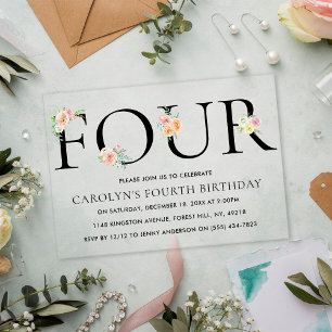 Invitations En Acrylique Fleurs Élégantes Simplement Quatre 4e Anniversaire