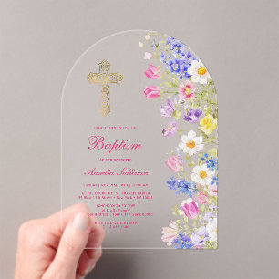 Invitations En Acrylique Fleurs fraîches de prairie Arche Baptême