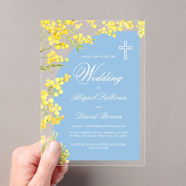 Invitations En Acrylique Fleurs Jaunes Arche Bleu Clair Mariage Religieux (In situ (ordinateur de poche))