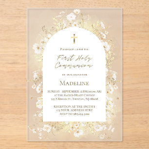 Invitations En Acrylique fleurs jaunes blanches aquarelle Première Communio