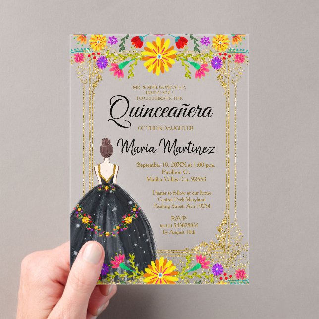 Invitations En Acrylique Fleurs mexicaines avec Quinceañera Noir Or (In situ (ordinateur de poche))