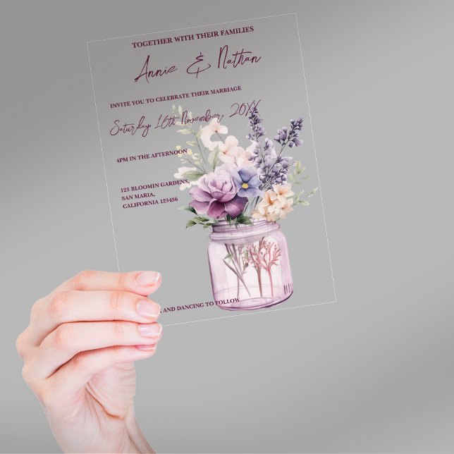 Invitations En Acrylique Fleurs mignonnes Violettes En Mariage Floral Mason (Cute Purple Flowers In Mason Jar Floral Wedding Acrylic Invitations)