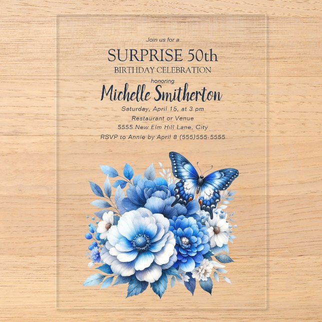 Invitations En Acrylique Fleurs papillons bleues Surprise 50e anniversaire (Recto)