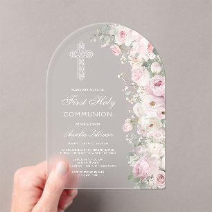 Invitations En Acrylique Fleurs Rose Pâle Arc Première Communion Givrée