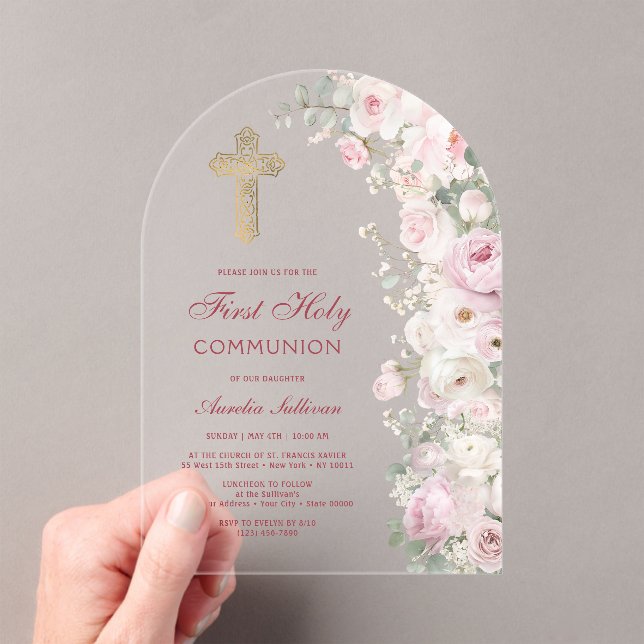 Invitations En Acrylique Fleurs Rose Pâle Arche Première Communion Claire (In situ (ordinateur de poche))