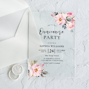 Invitations En Acrylique Fleurs rose pâle Douce Quinceanera Party
