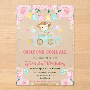 Invitations En Acrylique Fleurs roses aquarelle singe anniversaire enfants