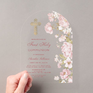 Invitations En Acrylique Fleurs Roses Arc Première Communion