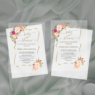 Invitations En Acrylique Fleurs Roses Blush Baby shower Gold Girl