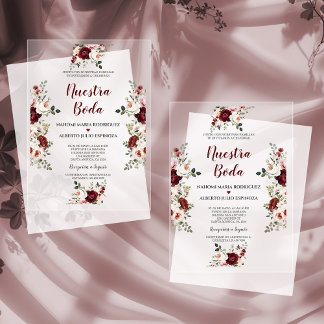 Invitations En Acrylique Fleurs roses Bourgogne espagnoles Nuestra Boda