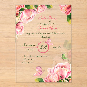 Invitations En Acrylique fleurs roses chaudes vert feuille papillons mariag