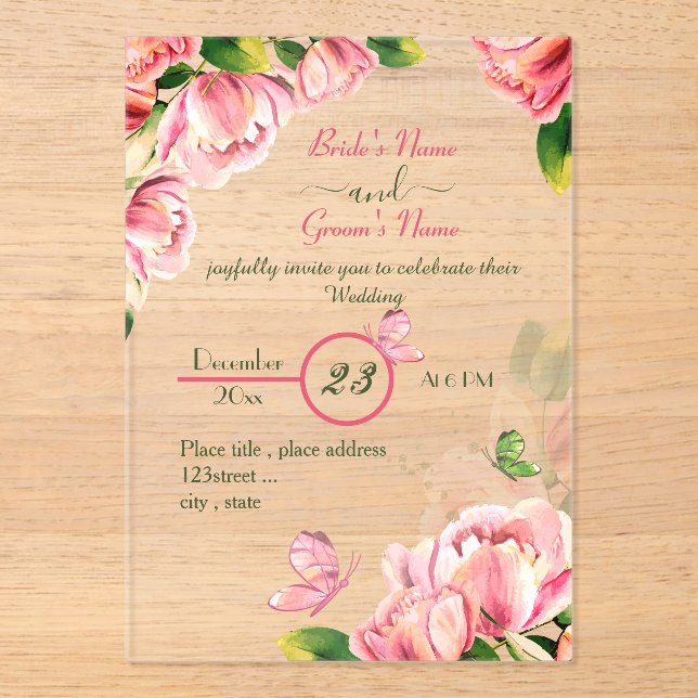 Invitations En Acrylique fleurs roses chaudes vert feuille papillons mariag (Recto)