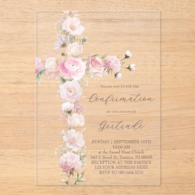 Invitations En Acrylique fleurs roses croix Confirmation (Recto)